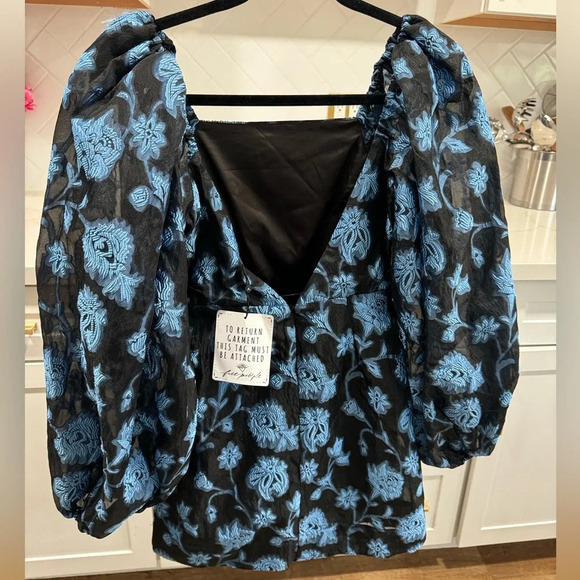 Free People Aureta Georgia Mini Dress NEW Size XS Formal Puff Sleeve Blue Floral - Picture 6 of 13